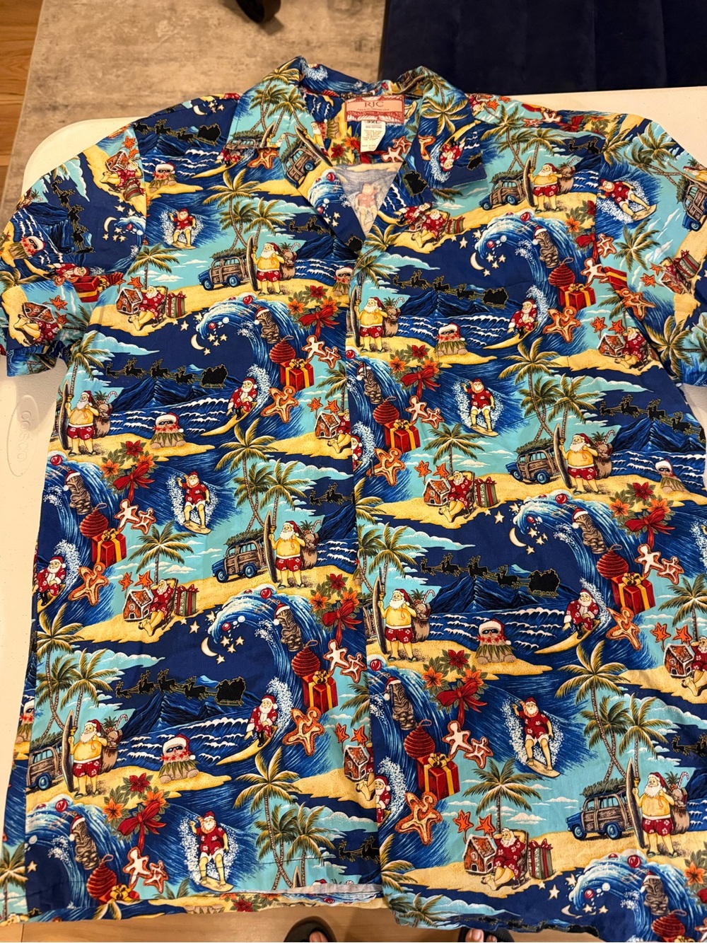 RJC Santa Claus Hawaiian Button Up Shirt Surfing XXL Tropical Christmas Beach